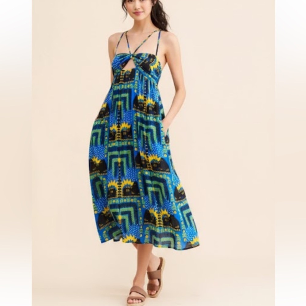 Anthropologie Blue and Yellow Geometric Midi Dress Size # XS - Picture 2 of 8